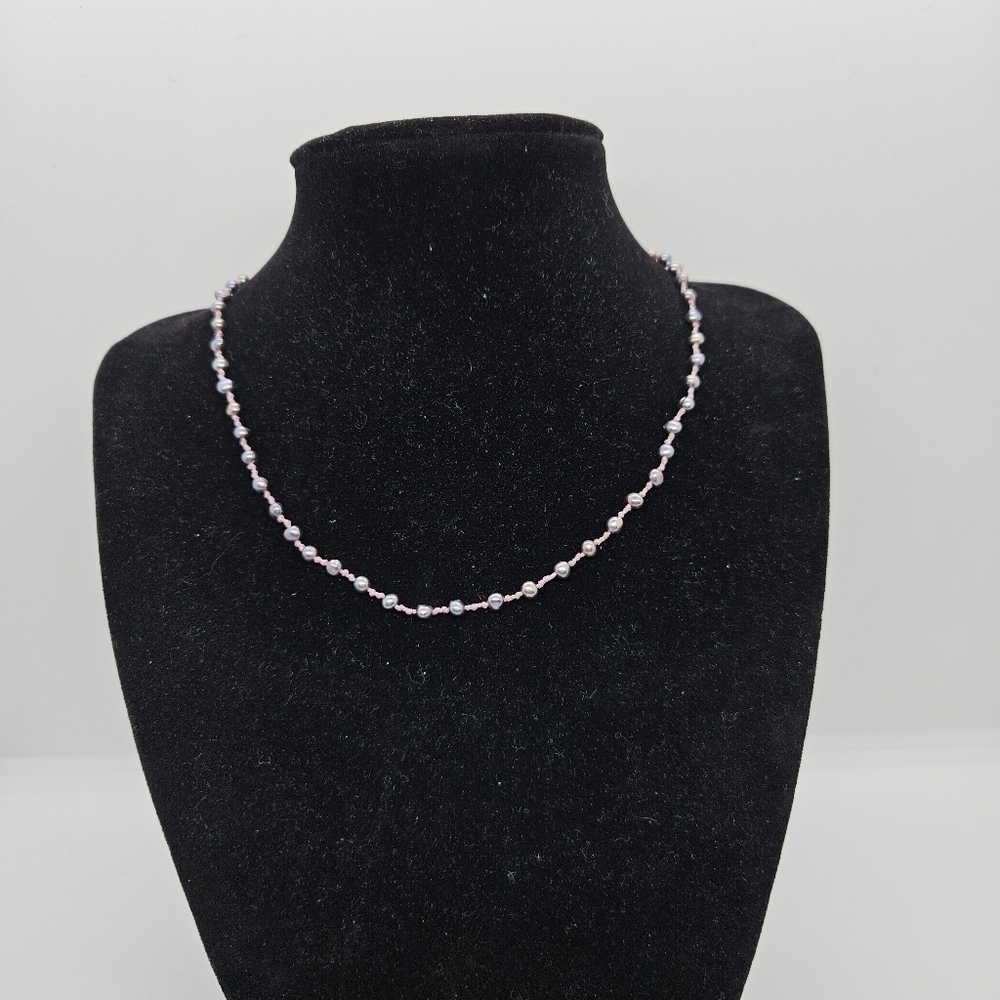 black pearls on pink cord choker with sterling silver clasp